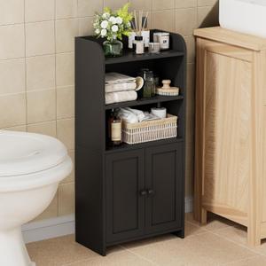 Homhedy Small Bathroom Storage Cabinet, Freestanding Toilet Paper Storage with 2 Doors and Shelves, Bathroom Organizers and Storage for Small Spaces, Laundry Room, 7.9" D x 14.6" W x 31" H, Black
