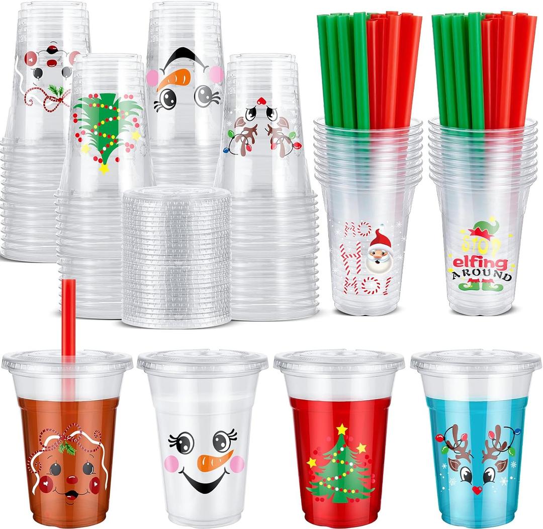 Zhehao 50 Set Christmas Plastic Cups Bulk 16 oz Clear Disposable Christmas Cups with Lids and Straws Santa Snowman Xmas Tree for Party Beverages Juice Coffee Drinks