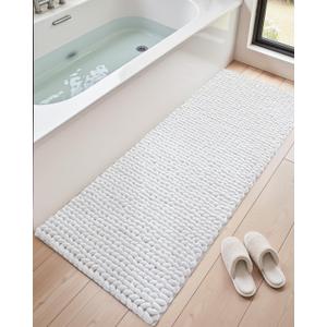 DEXI Bathroom Runner Rugs 24x60, Non Slip Washable Long Bath Mat, Luxury Chenille Super Absorbent Ultra Thick Bathmats for Shower Floor, Plush Fluffy Shaggy Carpet for Tub, White