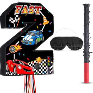 Race Car Piata Pull String Cars Piatas for Birthday Party Decorations Number 2 3 4 5 6 with Blindfold Stick Small Red Black Racing Theme 2nd 3rd 4th 5th 6th Party Supplies(Number 2)