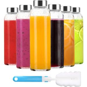 Luxfuel Clear Glass Bottles with Lids 18 oz, Reusable Glass Water Bottles with Stainless Steel Cap for Refrigerator, Juicing, 100% Leak Proof, BPA Free, Juice Bottle Drinking Jar Containers Set of 6