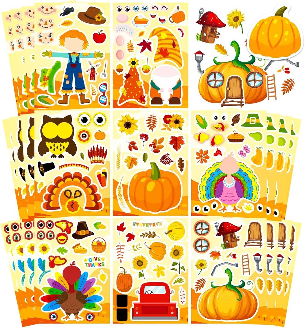 24 PCS Thanksgiving Stickers, Make a Turkey Face Stickers for Kids, Make Your Own Sticker Thanksgiving Party Favors Supplies, Fall Autumn Harvest Pumpkin Sticker