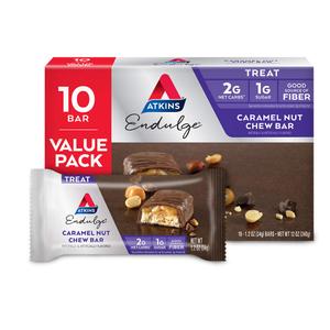 Atkins Endulge Caramel Nut Chew Bar, Nut Bar, Low Sugar Treat, High in Fiber, 10 Count, Best By Date: 05/22/26