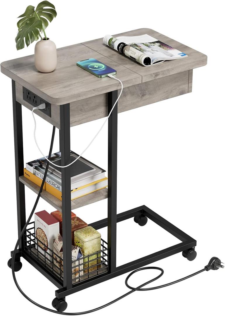 IDEALHOUSE C Shaped End Table with Charging Station, Grey Flip Top Sofa Table with USB Ports and Outlets, Narrow Side Table with 3 Tier Storage Shelf for Living Room, Bedroom, Small Spaces