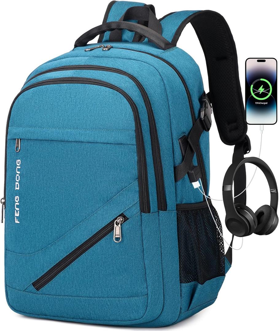 FENGDONG 17.3 inch Large Laptop Backpack Durable Waterproof Travel College Backpack Bookbag for Men & Women Business Backpack with USB Charging Port and Headset Port Light Teal