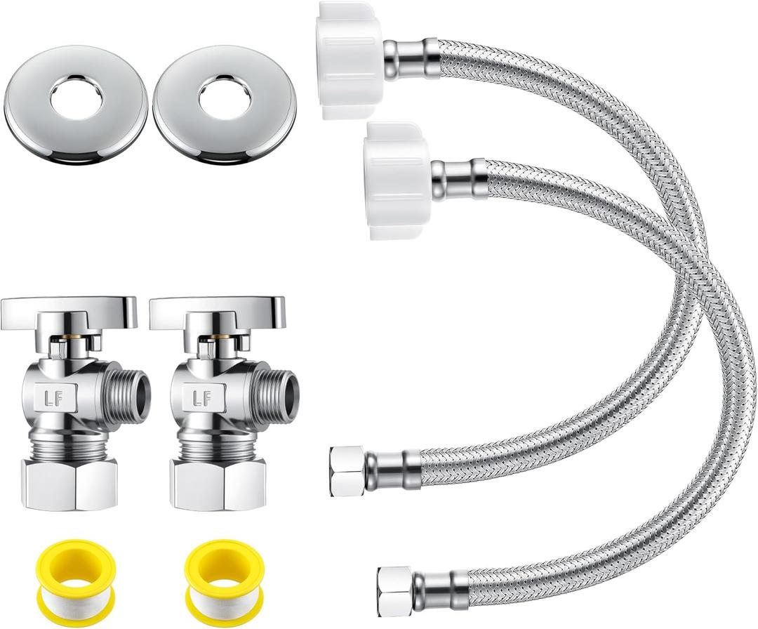 2 Pack Complete Toilet Valve Set, Includes 1/2'' Nom Inlet x 3/8'' OD Compression Outlet Angle Shut Off, 7/8" BC x 3/8" COMP Toilet Water Supply Line, Escutcheon Plate, Sealing Tape (16 Inch)