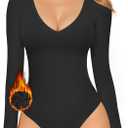 MANGOPOP Women's Long Sleeve Short Sleeve Bodysuit Sexy V Neck Body Suits Fitted Fall Going Out Tops (Medium, 03-fleece Lined Black)