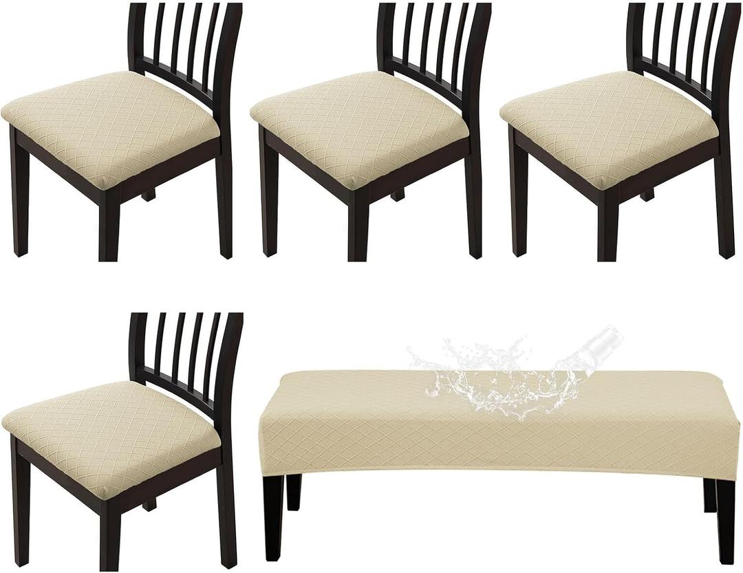 CALBODE Waterproof Seat Covers Set of 4 with Stretch Bench Slipcover, Removable Dining Chair Cushion Slipcovers for Home, Restaurant, Banquet,Washable Kitchen Chair Seat Cushion Protector(Beige, 5PCS)