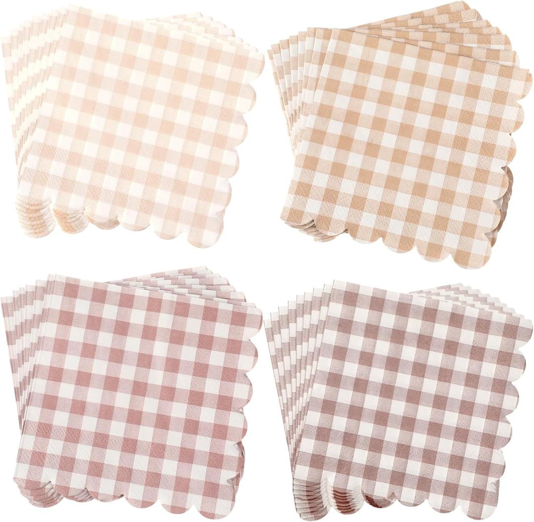 240 Pcs Scalloped Cocktail Napkins Bulk 5 x 5 Inch Gingham Plaid Paper Napkins Disposable Gradient Color Decorative for Wedding Birthday Bridal Anniversary Party Supplies(Khaki)