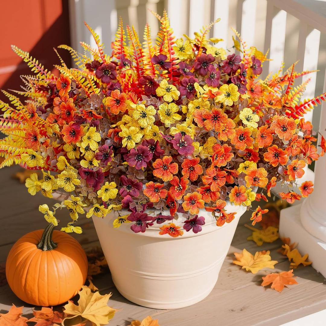 HyeFlora Artificial Fall Flowers Fake Mums Plants for Outdoors Decoration, 14 Bundles Faux Silk Daisy and Ferns UV Resistant Autumn Fake Planter for Home Porch Patio Yard Window Box (3 Colors Mixed)