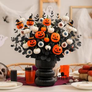 15 Pcs Halloween Artificial Flowers Fake Eyeballs Pumpkin Branches with Artificial Eucalyptus Stems for Vase Table Centerpiece Halloween Table Decorations Floral Arrangement(Black)