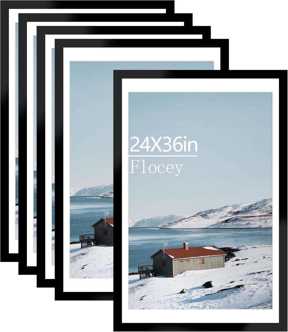 24x36 Picture Frame Set of 5, Black Poster Frame, Display Pictures 20 x 30 with Mat or 24 x 36 Without Mat for Horizontal or Vertical Wall Mounting, Wall Gallery Frame for Artwork (24x36-5PACK)