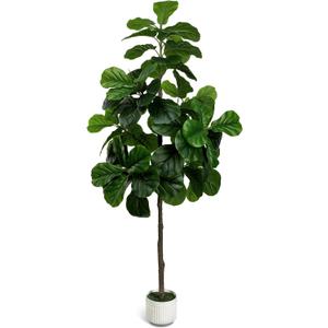Artificial Fiddle Leaf Fig Tree 6FT - Large Fake Tree with White Planter, Tall Faux Ficus Lyrata Tree Floor Plants for Indoor Home Decor Office Living Room Housewarming Gift, 1Pack