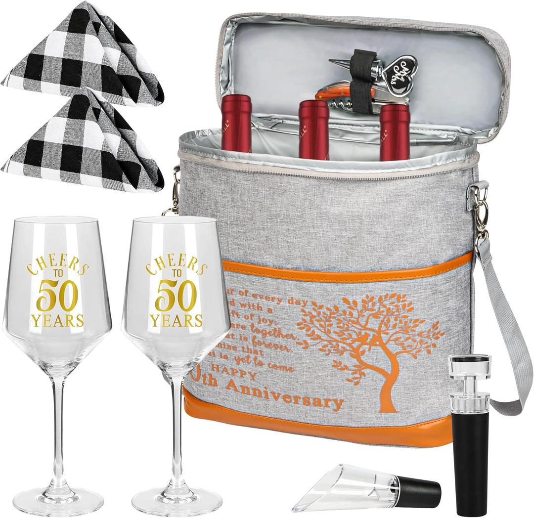 50th Wedding Anniversary Insulated Cooler Bag Gifts for Couples, 50 Years of Marriage Gift Anniversary for Parents, Friend Her Him, Insulated Cooler Tote with Glasses and Accessories