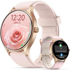 Smart Watch for Women,1.57inch AMOLED Touchscreen Fitness Watch for iPhone & Android,Heart Rate/Sp02/Sleep Monitor,110+ Sport Modes IP68 Waterproof Bluetooth Calls,2 Bands (Pink, 1.57)