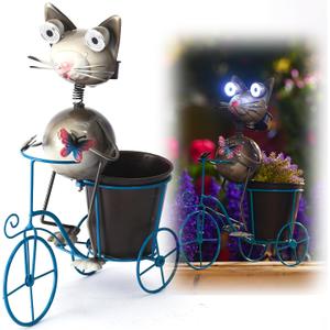 14Solar Bike Cat Statue Lights Outdoor Metal Yard Art, Funny Bicycle Plant Stand for Garden Patio Decor Lawn Ornaments (Bicycling Cat)