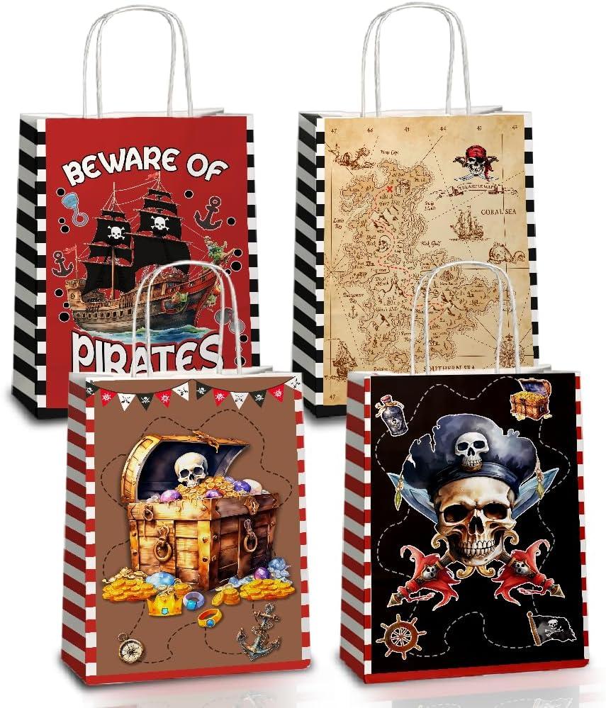 JOYGATHER 24 Pcs Pirate Party Favors Bags with Handles, Pirate Goodie Gift Candy Kraft Paper Bags with 4 Different Types for Birthday Party Supplies Baby Shower Decorations