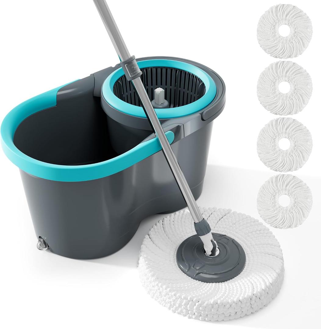JOYMOOP Spin Mop and Bucket, 360 Mop Head & Telescopic Handle, Wet and Dry Use, 4 Reusable Microfiber Refills, Hands-Free Cleaning for Hardwood, Tile, Laminate Floors & Walls