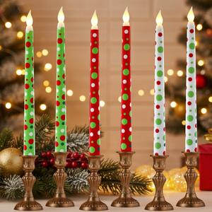 6 Pcs Christmas Flameless Taper Candles 11 Inch Long Polka Dots White Red Green Battery Operated LED Candles Elf Candlestick Table Centerpiece for Xmas Winter Holiday Party Decor