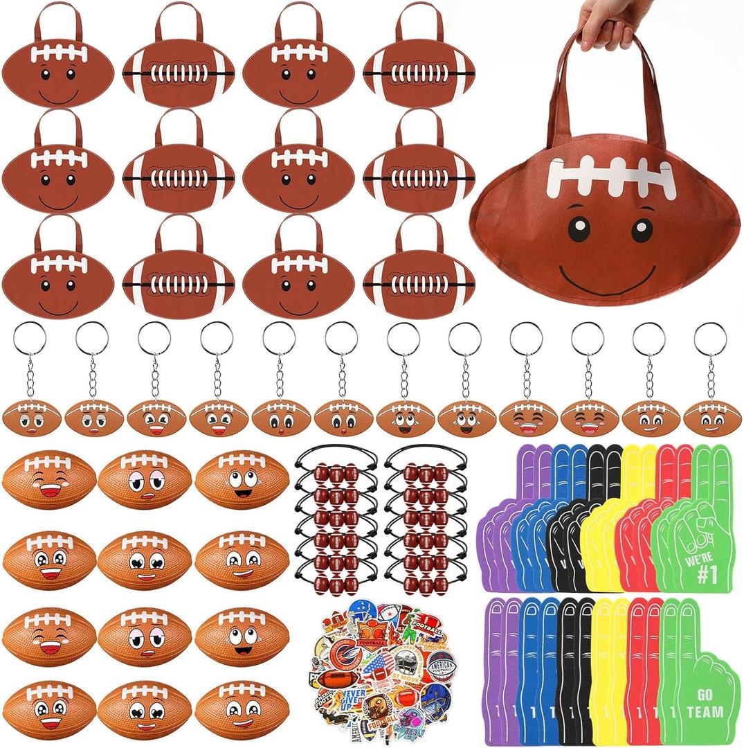Maxdot 122 Pcs Football Party Favors Set Serve 12 Football Non Woven Goodie Bags Mini Face Stress Foam Finger Ball Keychain Bracelet Stickers bags for Kids Sports Birthday Party Supplies Gifts