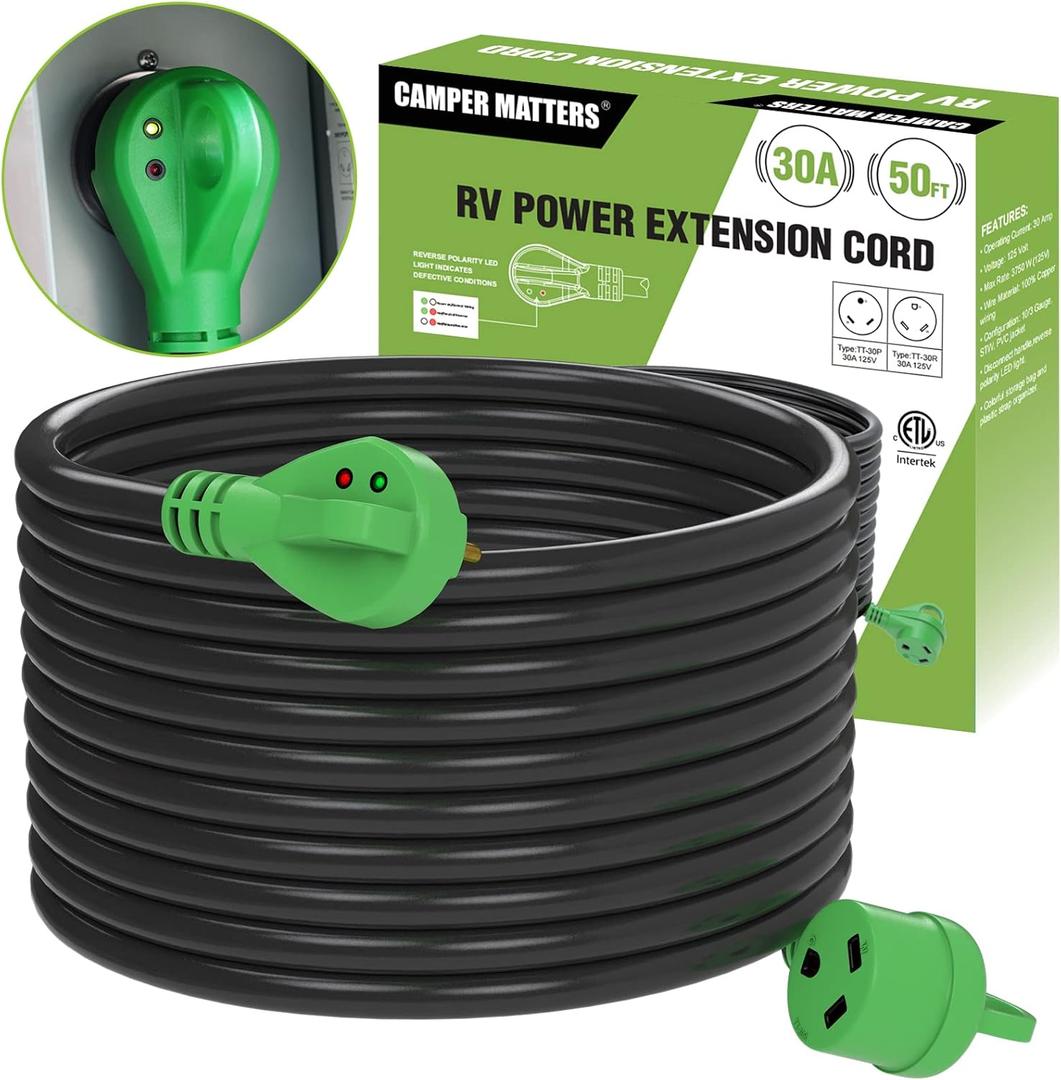 30 Amp 50 FT RV Power Extension Cord with Reverse Polarity LED Light, TT-30P to TT-30R, Heavy Duty PVC Jacket, Easy Plugin Handle, Colorful Storage Bag, and Plastic Strap Organizer