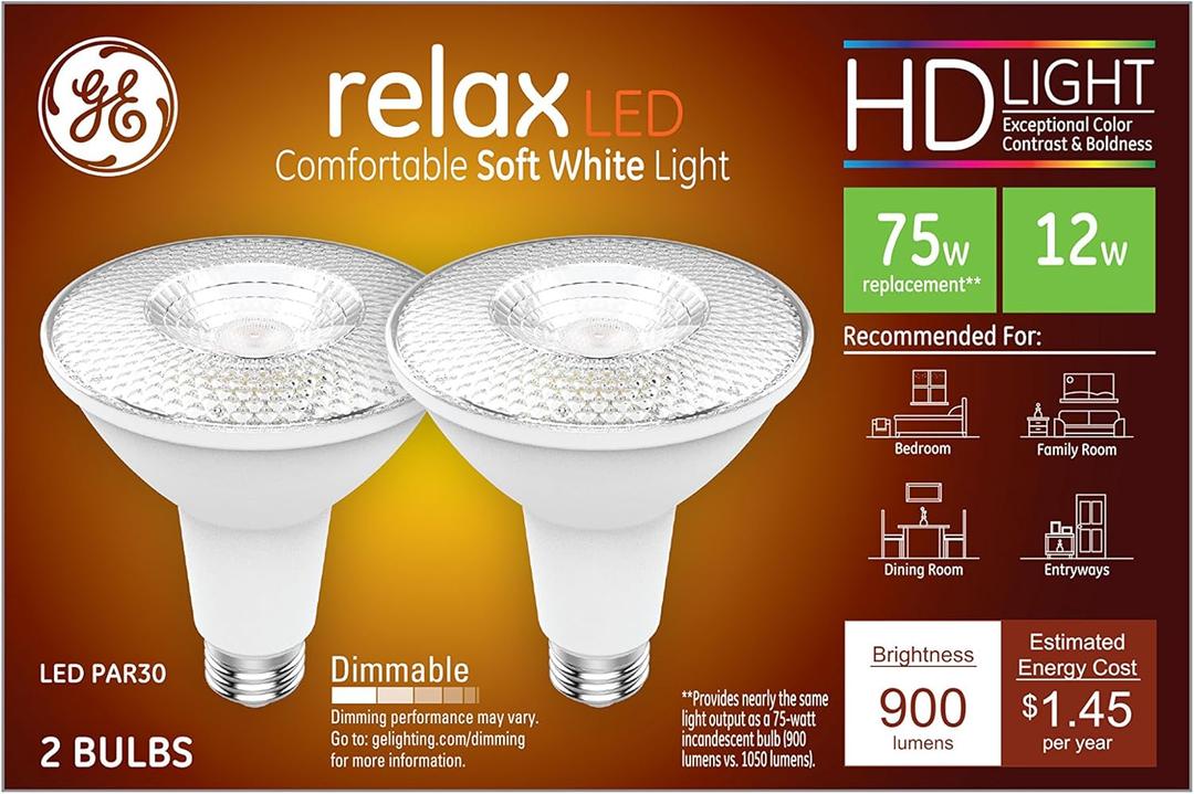 GE Lighting Relax HD PAR30L Flood Light LED Light Bulb, 75-Watt Replacement, Dimmable, Medium Base, Soft White, 2-Pack (2 Count (Pack of 1))