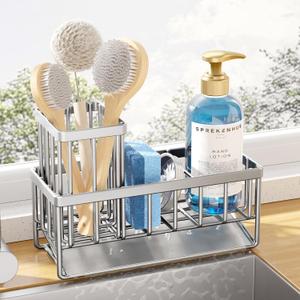 Kitsure Sponge Holder for Kitchen Sink - Rustproof Stainless Steel Sink Caddy Organization and Storage Essentials with High Brush Holder, Home Decor Accessories, 7.9" x 3.7" x 6.2", Sliver (Silver)