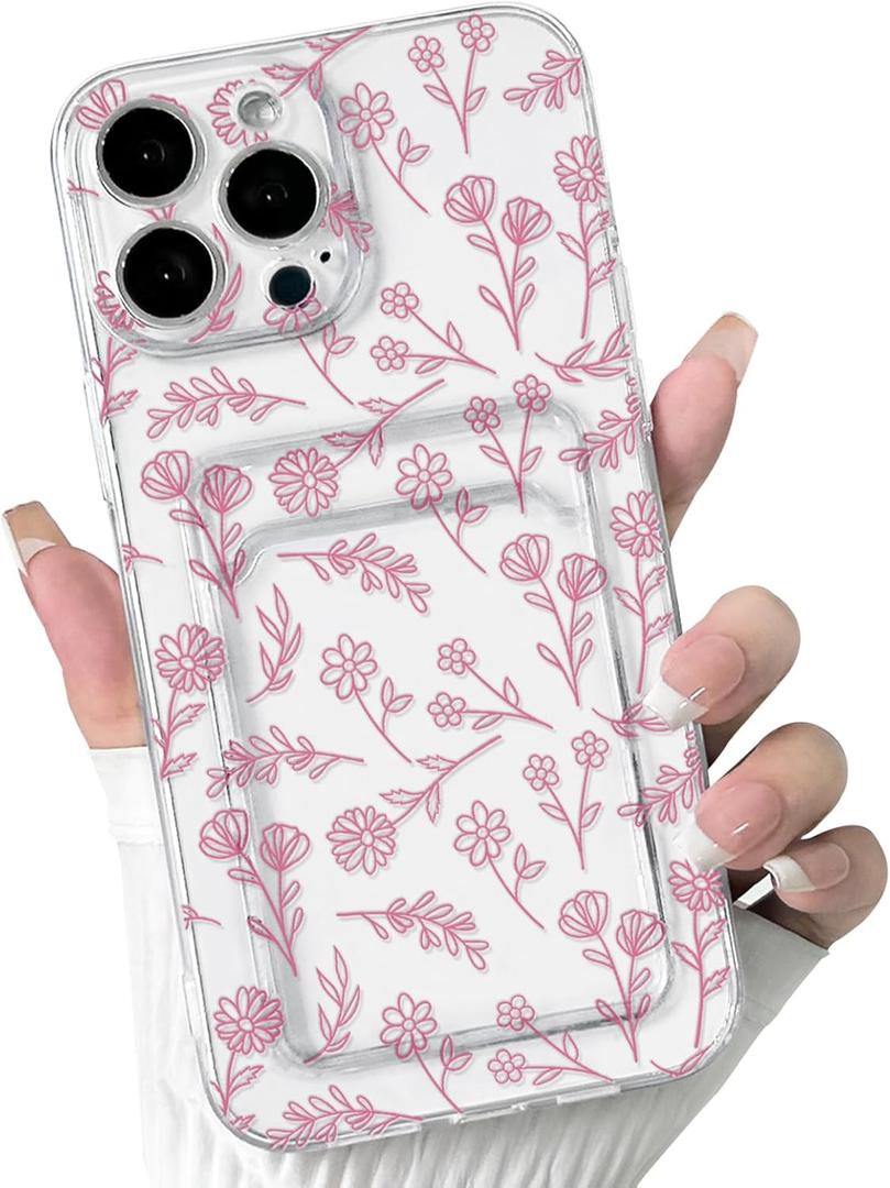 NITITOP Compatible with iPhone 15 Pro Max Case Clear with Card Holder Cute Flower Floral Leave Pattern for Women Girl Soft TPU Shock-Absorbing Wallet Case Protective Phone Cover - Pink