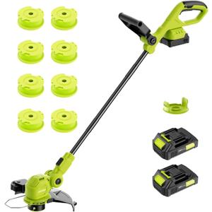 12-inch 20V Cordless String Trimmer with Fast Charger, 2 X 2.0Ah Battery Powered with Auto Line Feed, Lawn Edger with 8 Pcs Grass Cutter Spool Line and 2 Spool Cap (Green)