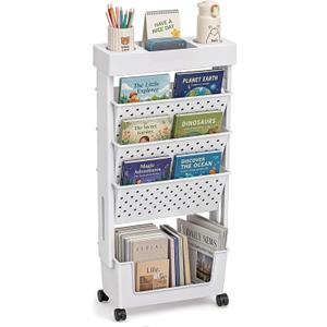 BYFU 5-Tier Movable Bookshelf Cart, Rolling File Paper Storage Organizer Mobile Bookcase with Wheels for Home Office Study Classroom, White