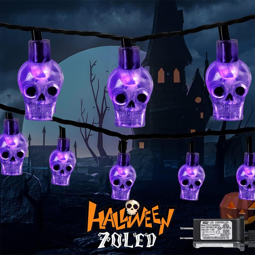 70 LED Skull String Lights - 22.6ft Plug in Halloween String Light for Outdoor and Indoor Decor - Spooky Lighting for Patio, House, Bedroom, Parlor, Halloween Party Decorations (Purple)