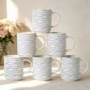 Ceramic Mugs Set of 6, 17oz Coffee Mugs with Handpainted Blue Stripe Pattern, Modern Stackable Coffee Cups, Dishwasher and Microwave Safe Mugs for Coffee, Tea, Milk