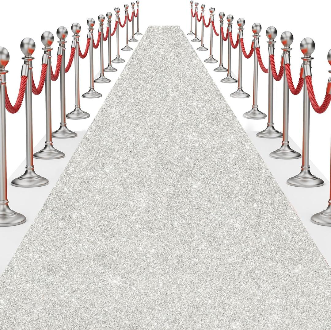Glitter Carpet Runner for Party 2.6 X 30 ft Glitter Non-Woven Fabric, Carpet Rug for Event, Aisle Runway Runner for Wedding Ceremony, Movie Theme Party Decorations (Glitter White, 2.6FTx30FT)