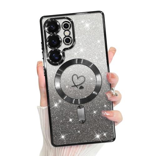 Bonoma Compatible with Samsung Galaxy S25 Ultra Case Support for MagSafe, Plating Heart Glitter Magnetic Case TPU Camera Protection Back Cover for Phone Case -Black