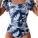 Eomenie Women's Tummy Control One Piece Swimsuit Ruffle Square Neck Bathing Suit Ruched Cutout Back Slimming Swimwear (Medium, Navy Blue Print)