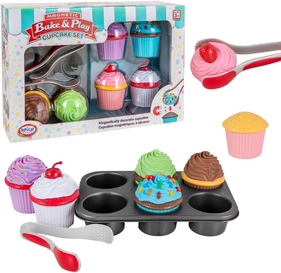 Popular Playthings Magnetic Bake & Play Cupcakes Toy Set, Pretend Cupcake Kitchen Kit for Kids, Gifts for Toddler Girls - 20 Pieces