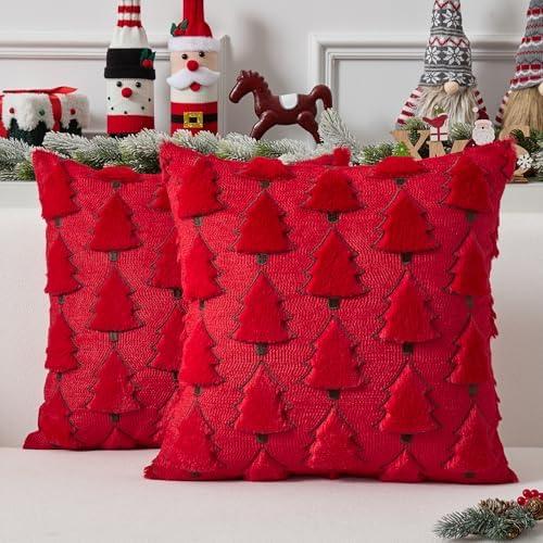 UGASA Christmas Tree Pillow Covers 18x18 Inch Set of 4 Soft Plush Faux Fur Luxury Embroidery Decoration Pillowcases for Couch Sofa Holiday Festivals Winter Xmas Gift, Red & Green