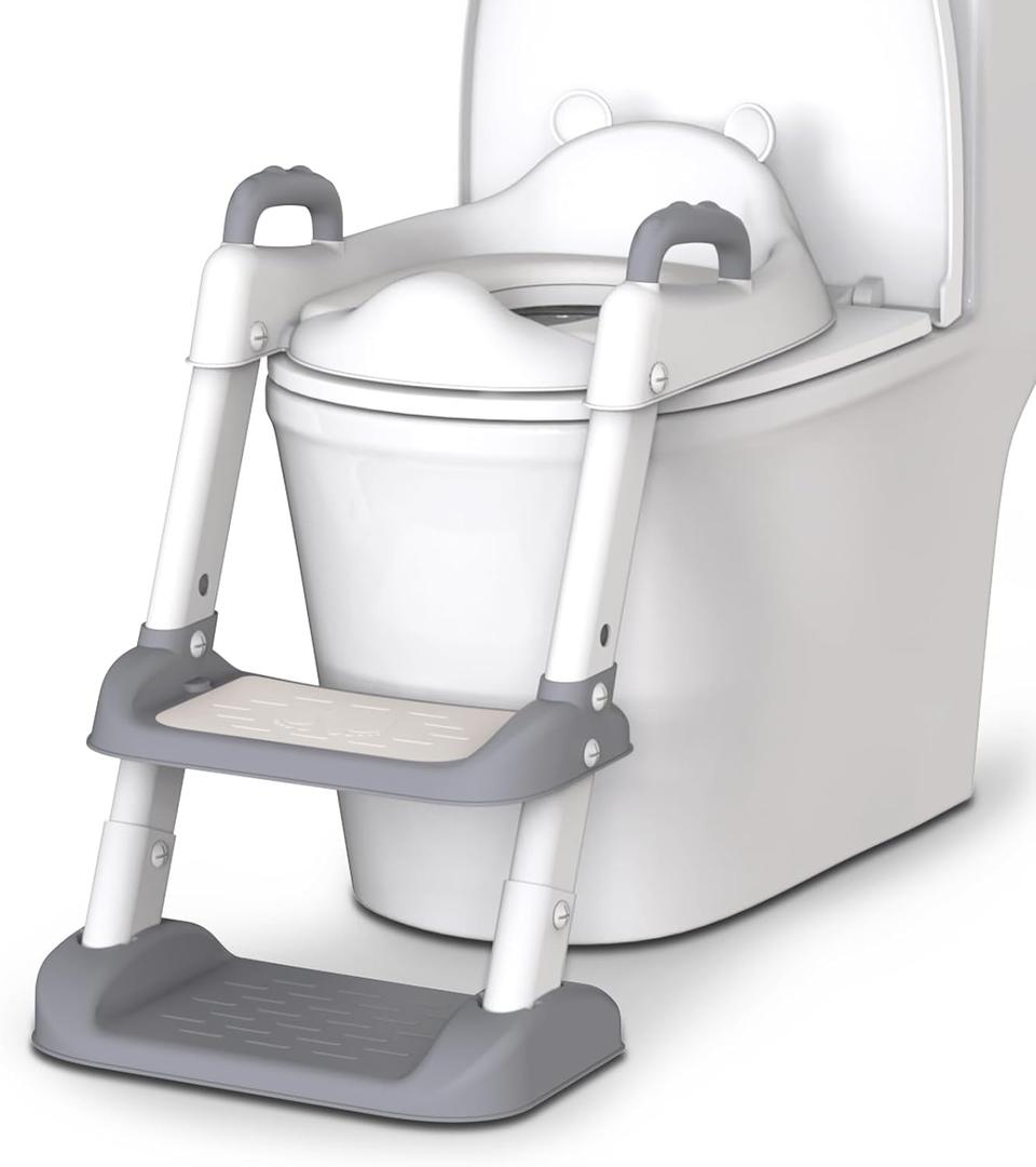 HBTower Potty Training Seat with Step Stool Ladder & Safety Handles,Grey | Foldable Toddler Toilet Seat with Splash Guard for Boys and Girls, Comfortable Kids Potty Cushion & Anti-Slip Pads
