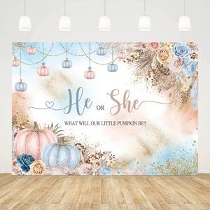 7x5ft Gender Reveal Backdrop He or She What Will Our Little Pumpkin Be Background Pink Blue Pumpkins and Flowers Decorations Banner for Photography