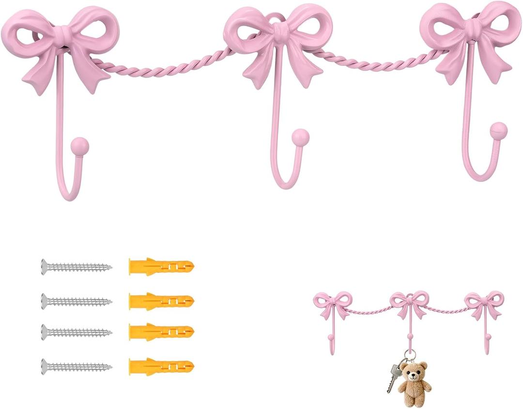 Pink Bow Hooks Bow Wall Hook, 3 Bow Knot Coat Hooks Metal Bowknot Towel Hooks Door Hanger Holder for Wedding Bathroom Bags Coats Hats Coffee Mugs Room Kitchen Decorations (Pink-A)