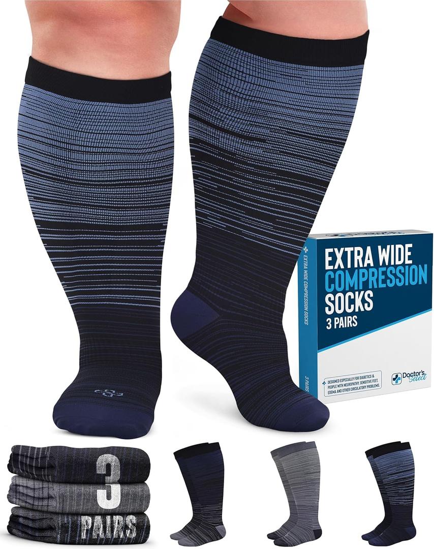 Doctor's Select 3 Pairs Plus Size Compression Socks Wide Calf - Up to 6XL | 20-30 mmHg Plus Size Compression Socks for Women Wide Calves | Line Patterns 2 (XX-Large)