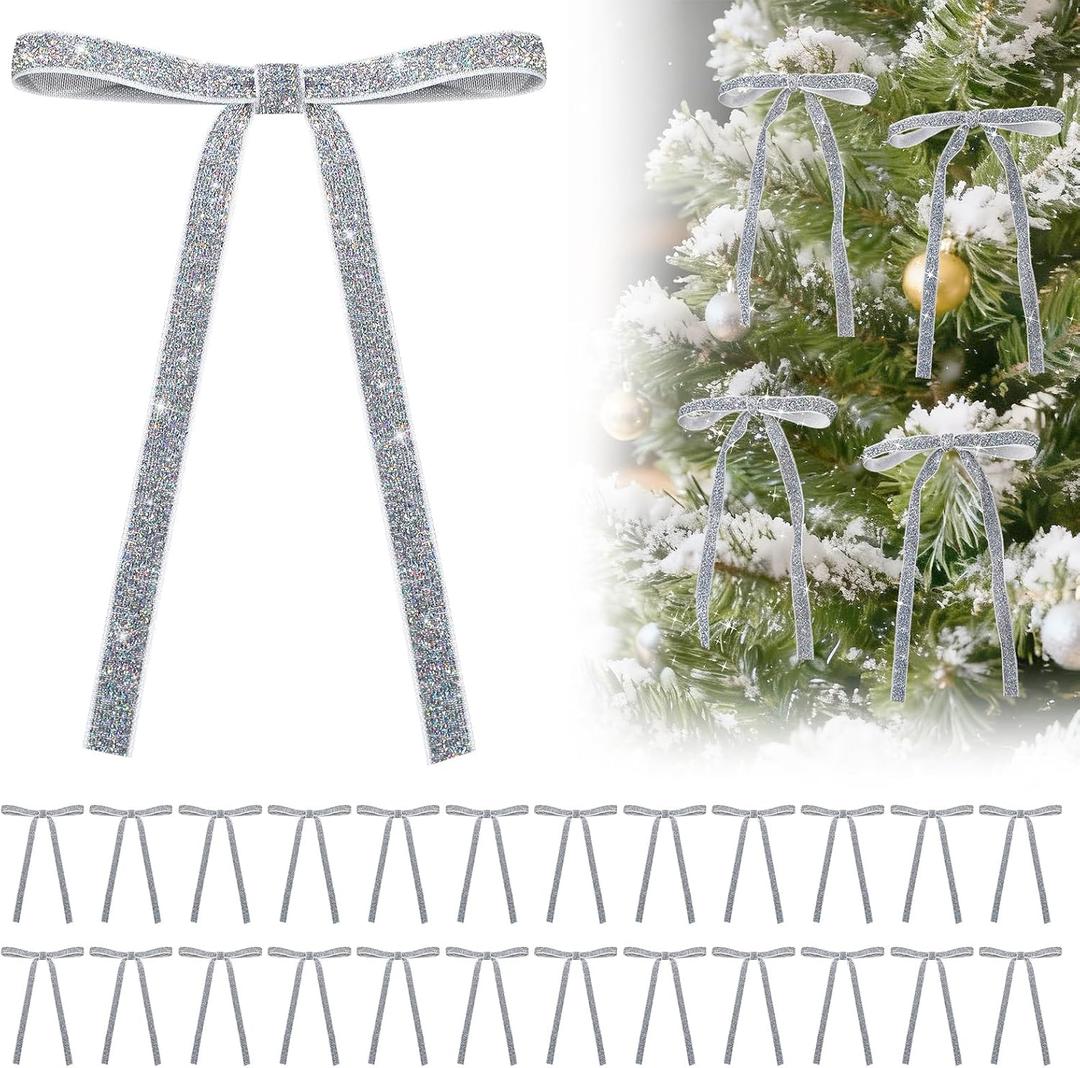 24Pcs Glitter Velvet Bows for Christmas Tree Decorations - 5x7in Velvet Ornaments with Tie for Christmas Wreath Garland, Sliver (silver)