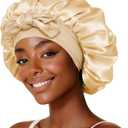 Silk Hair Bonnet with Strap for Sleeping, Double-Layer Satin Sleep Cap for Women, Soft Lining for Curly and Natural Hair (Gold-06)