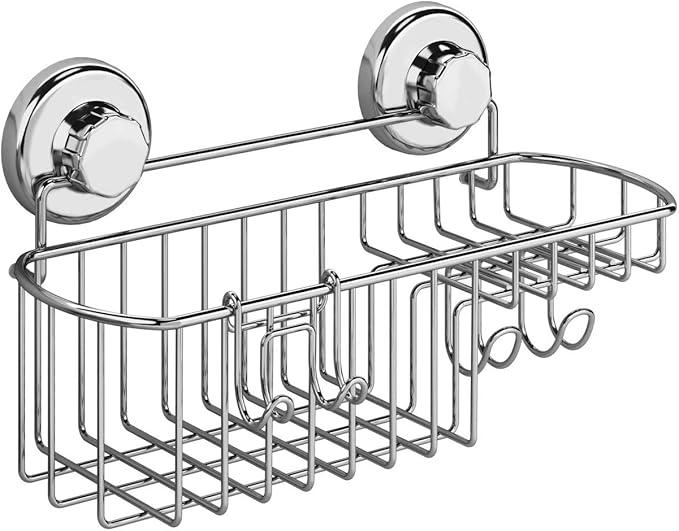 Shower Caddy Suction Cup, Shower Shelf with Soap Dish and Hooks Organizer, Suction Bathroom Shelf for Storage, Wall Mounted Basket, Silver