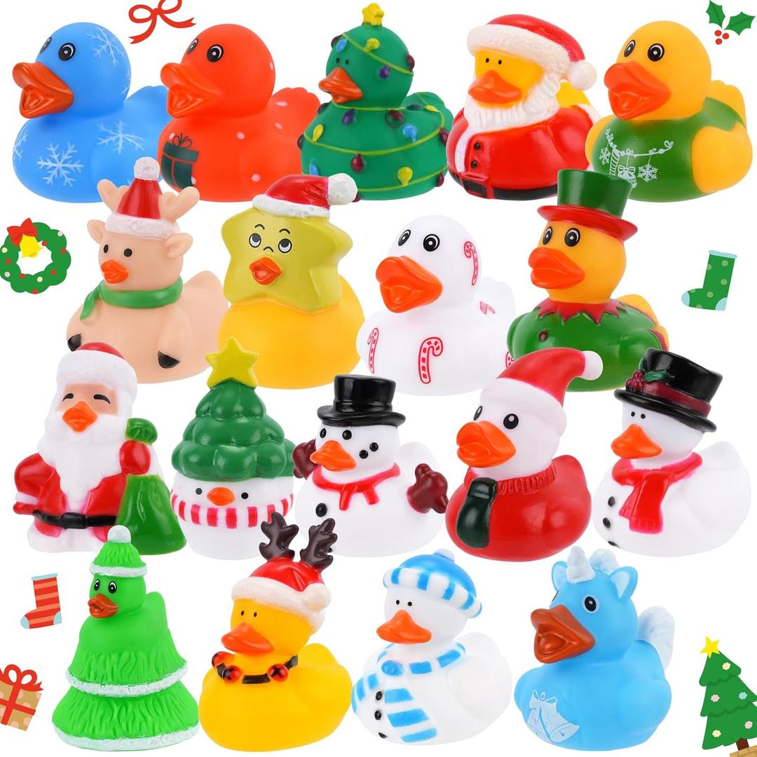 18pcs Christmas Mini Rubber Ducks Toys, Bath Duck Bulk Float Duck Baby Showers Accessories, Bath Toys for Kids Christmas Birthday Party Favors Gift Classroom Summer Beach Pool Party Games