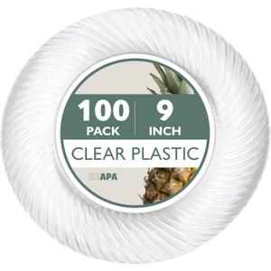 Ilyapa 100 Pack 9 Inch Disposable Dessert Plates, Plastic Clear Party Sets for 100 Guests, Clear Appetizer and Cake plates 9", Party & Dinner Accessories, Round Smooth