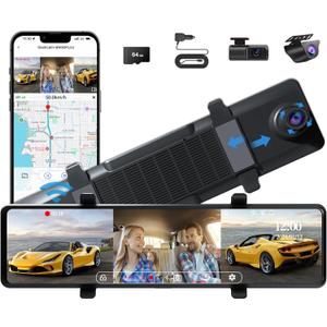 3 Channel Mirror Dash Cam, 12" Triple Rear View Mirror with Front 4K, Inside and Rear 1080P Cameras with 5.8GHz WiFi, G-Sensor, Night Vision, Reverse Assist, Parking Monitoring