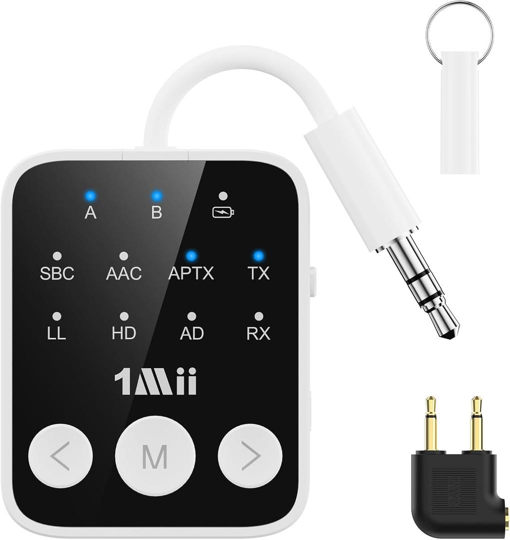 1Mii Bluetooth 5.3 Transmitter Receiver 2-in-1, aptX Adaptive & Low Latency Wireless Audio Adapter for Airplane, Dual Link 2 Devices, 25H Playtime, 3.5mm AUX for TV/Car/Home Stereo/Gym -White