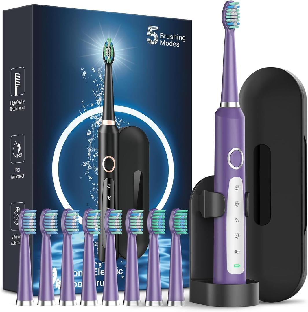 Rtauys M5 Electric Toothbrush for Adults - Sonic Electric Toothbrush for Kids and Adults with 8 Brush Heads & Travel Case, 120 Days Battery Life - Purple