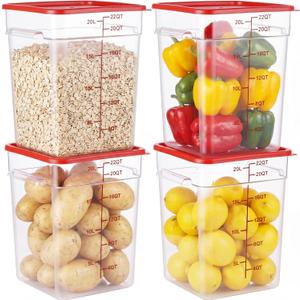 4 Pack Food Storage Containers with Red Lids, 22.0 Qt - Square, Clear, Polycarbonate, for Restaurant Commercial Kitchen and Home party
